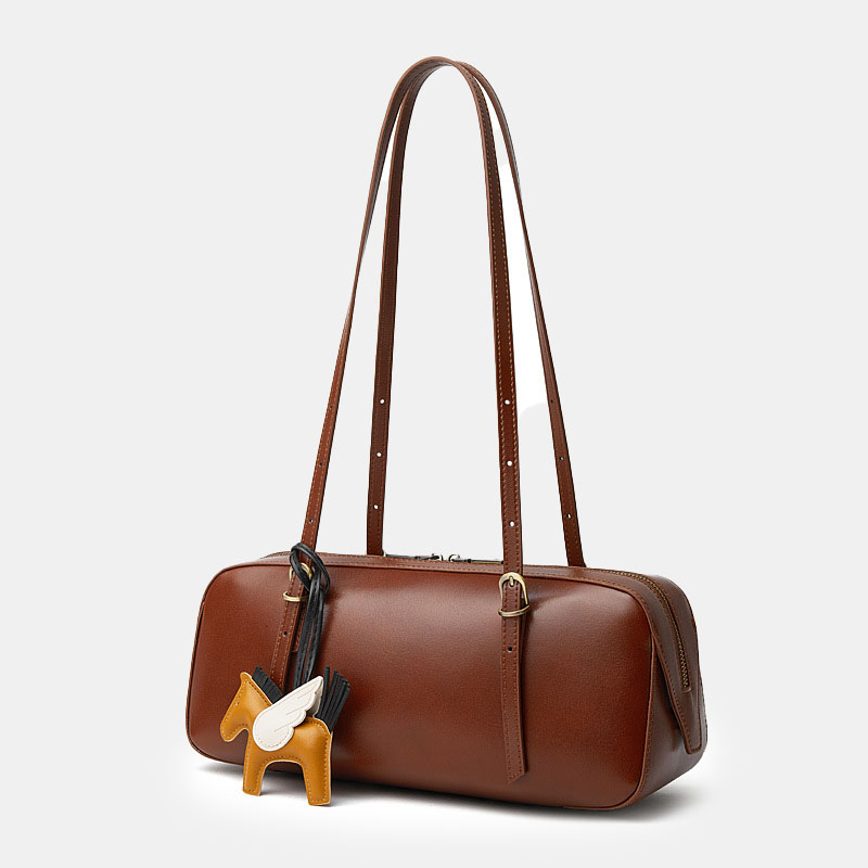 Women's Vintage Full-Grain Leather Bowling Shoulder Baguette Bag