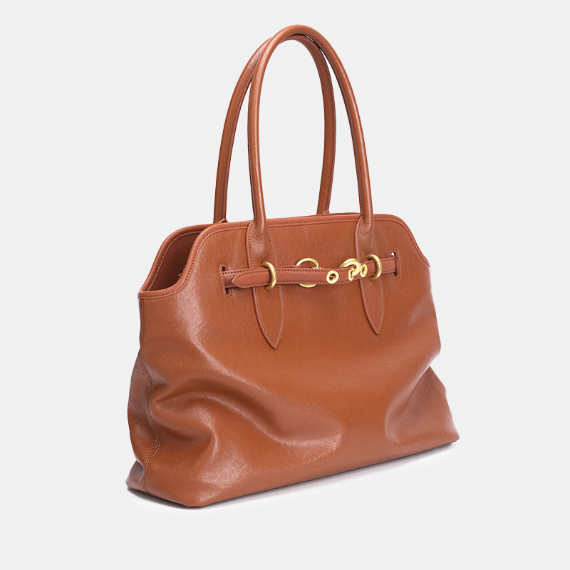 Women's Vintage Full-Grain Leather Shell-Shaped Tote Bag In Gold Hardware
