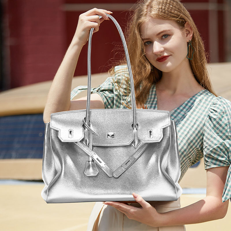 Women's Vintage Soft Leather Lock Close Shoulder Top Handle Bag In Silver Hardware