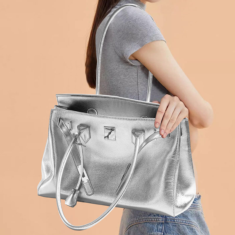 Women's Vintage Soft Leather Lock Close Shoulder Top Handle Bag In Silver Hardware