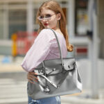 Women's Vintage Soft Leather Lock Close Shoulder Top Handle Bag In Silver Hardware