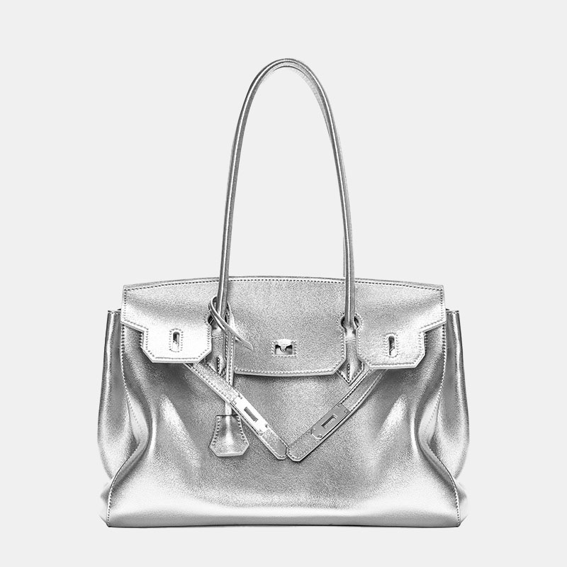 Sac à main en cuir souple Vintage Lock Close Shoulder Top Handle en Silver Hardware