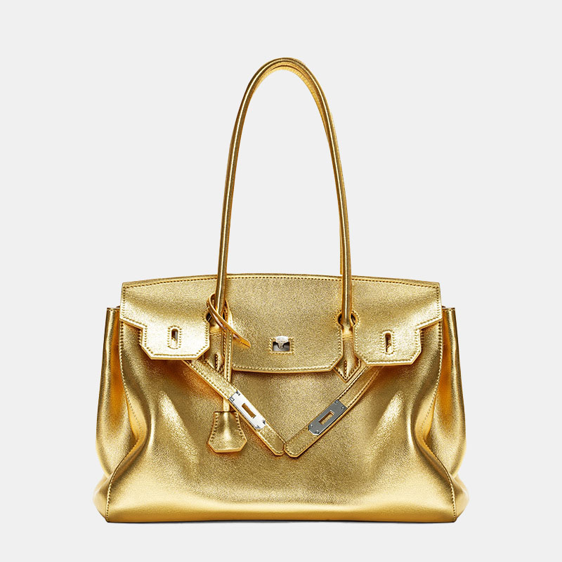 Women's Vintage Soft Leather Lock Close Shoulder Top Handle Bag In Silver Hardware