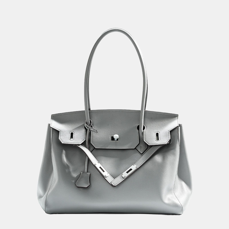 Women's Vintage Soft Leather Lock Close Shoulder Top Handle Bag In Silver Hardware