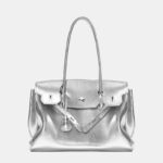 Sac à main en cuir souple Vintage Lock Close Shoulder Top Handle en Silver Hardware