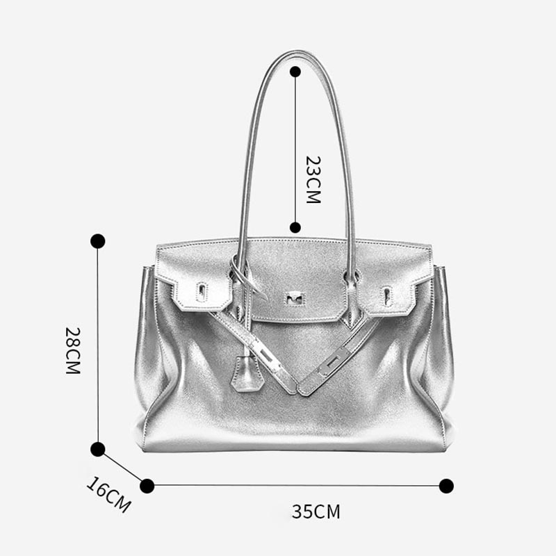 Women's Vintage Soft Leather Lock Close Shoulder Top Handle Bag In Silver Hardware