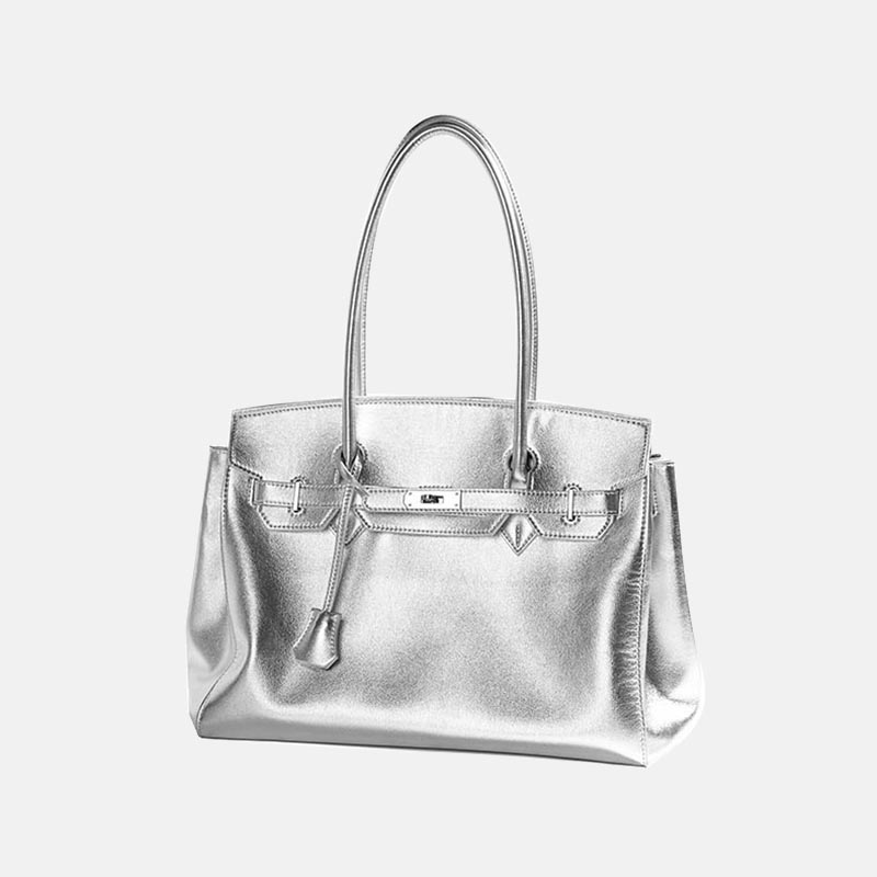 Women's Vintage Soft Leather Lock Close Shoulder Top Handle Bag In Silver Hardware