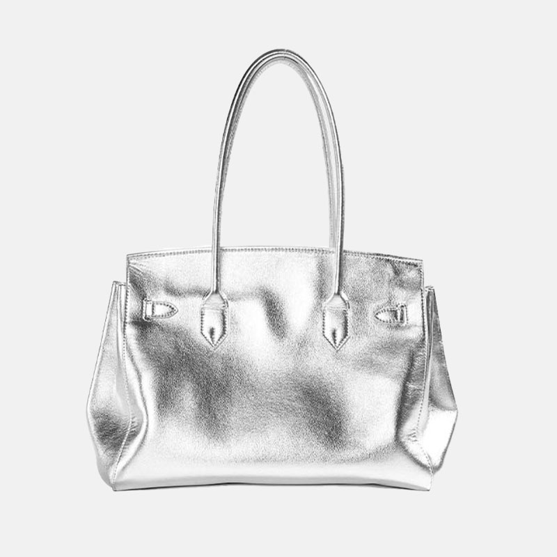 Women's Vintage Soft Leather Lock Close Shoulder Top Handle Bag In Silver Hardware
