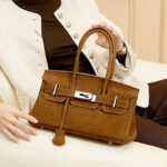Women's Vintage Suede Full-Grain Leather Horizontal Top Handle Bag In Silver Hardware