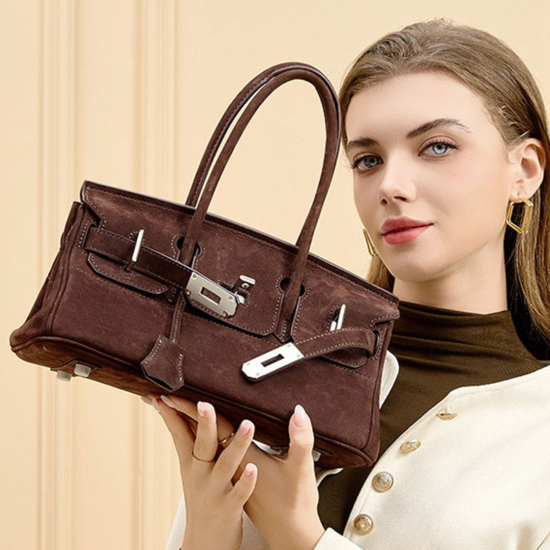 Women's Vintage Suede Full-Grain Leather Horizontal Top Handle Bag In Silver Hardware