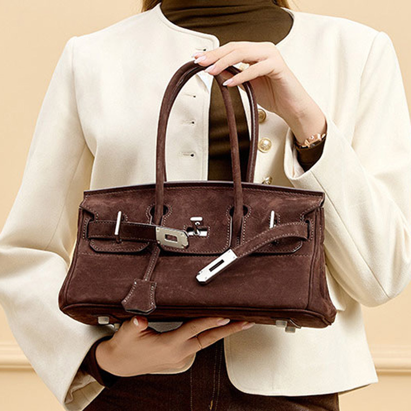 Women's Vintage Suede Full-Grain Leather Horizontal Top Handle Bag In Silver Hardware