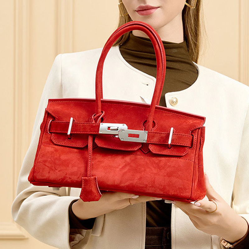 Women's Vintage Suede Full-Grain Leather Horizontal Top Handle Bag In Silver Hardware