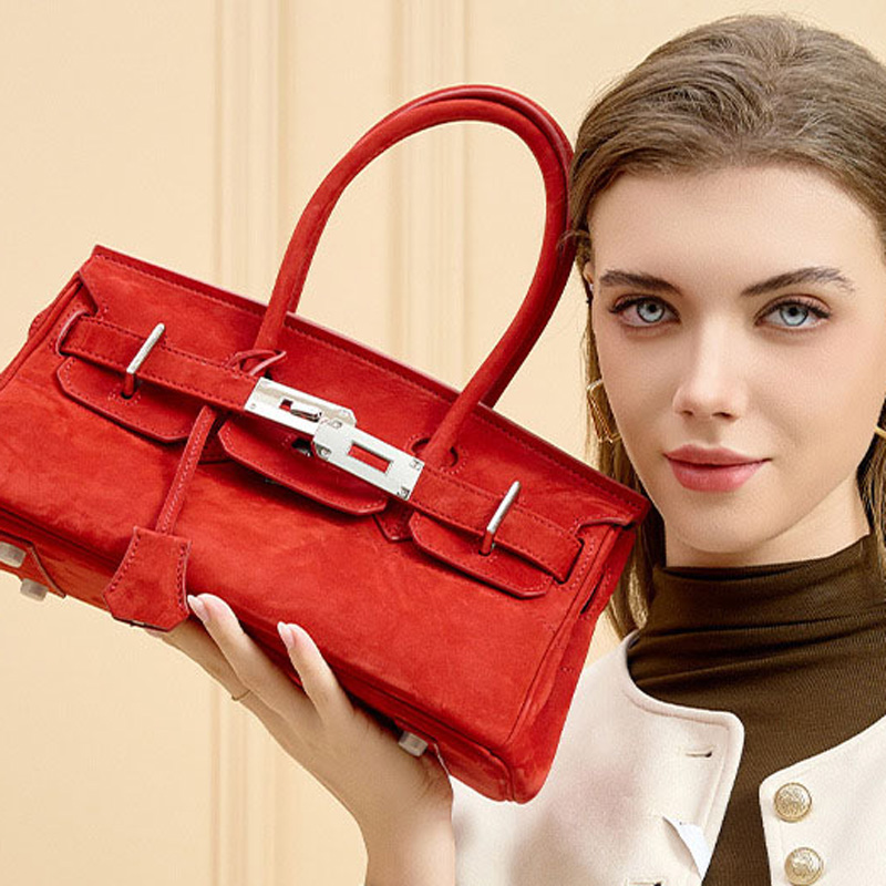 Women's Vintage Suede Full-Grain Leather Horizontal Top Handle Bag In Silver Hardware