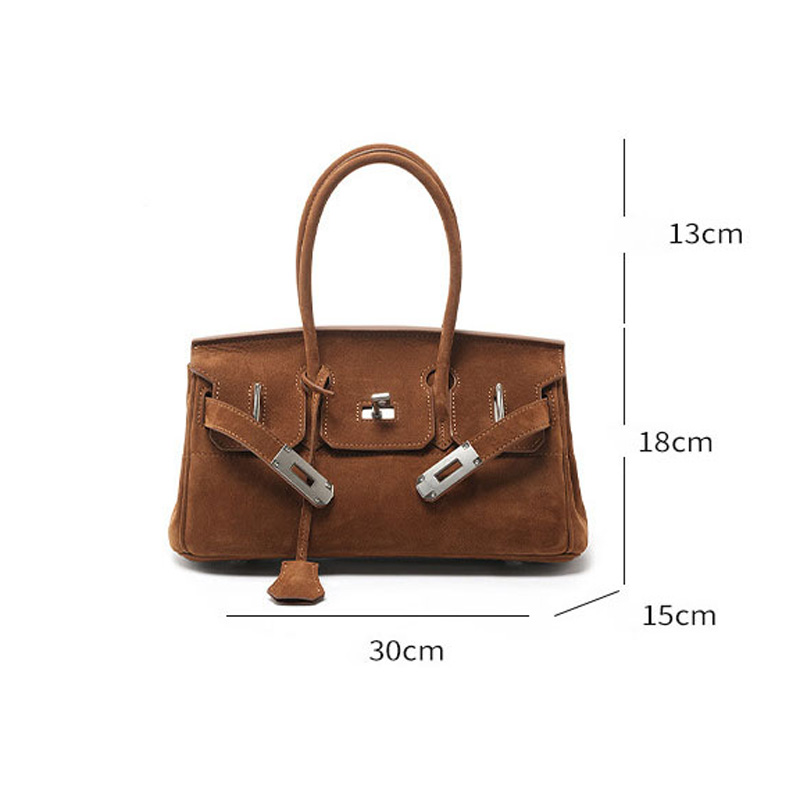 Women's Vintage Suede Full-Grain Leather Horizontal Top Handle Bag In Silver Hardware