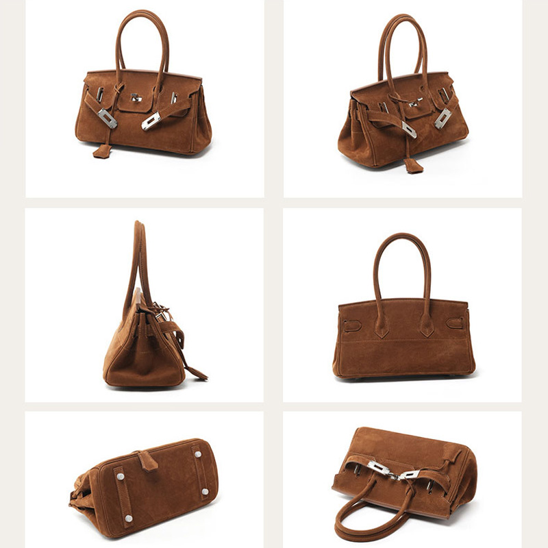 Women's Vintage Suede Full-Grain Leather Horizontal Top Handle Bag In Silver Hardware