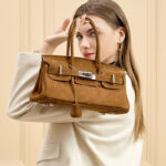 Women's Vintage Suede Full-Grain Leather Horizontal Top Handle Bag In Silver Hardware