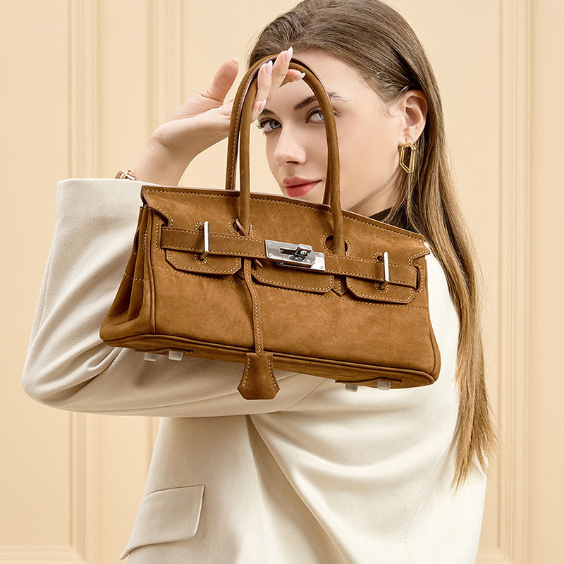 Women's Vintage Suede Full-Grain Leather Horizontal Top Handle Bag In Silver Hardware