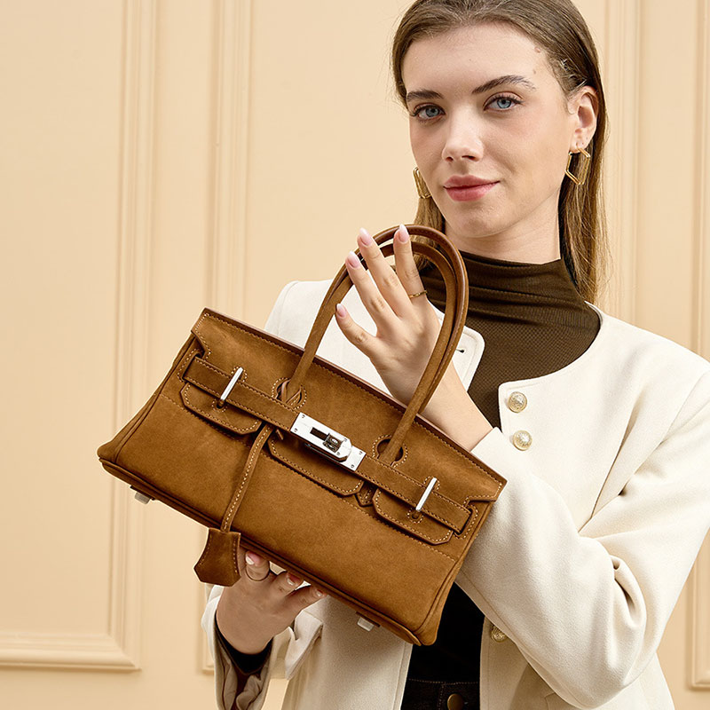 Women's Vintage Suede Full-Grain Leather Horizontal Top Handle Bag In Silver Hardware