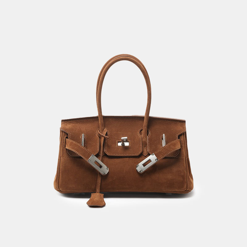Women's Vintage Suede Full-Grain Leather Horizontal Top Handle Bag In Silver Hardware