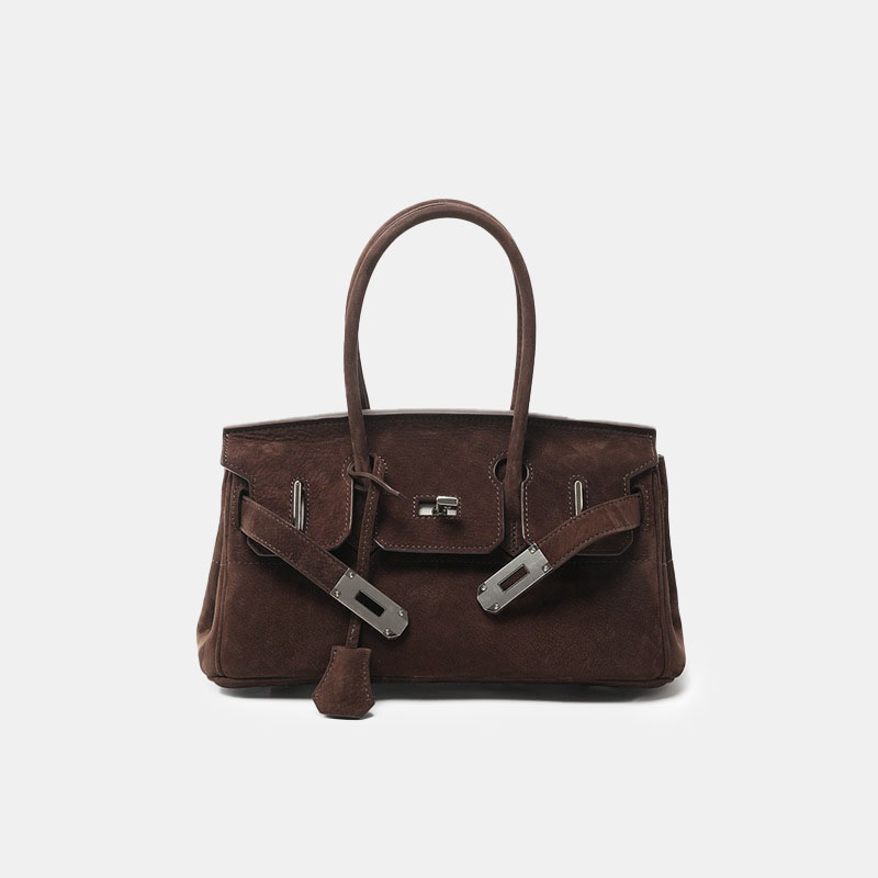 Women's Vintage Suede Full-Grain Leather Horizontal Top Handle Bag In Silver Hardware
