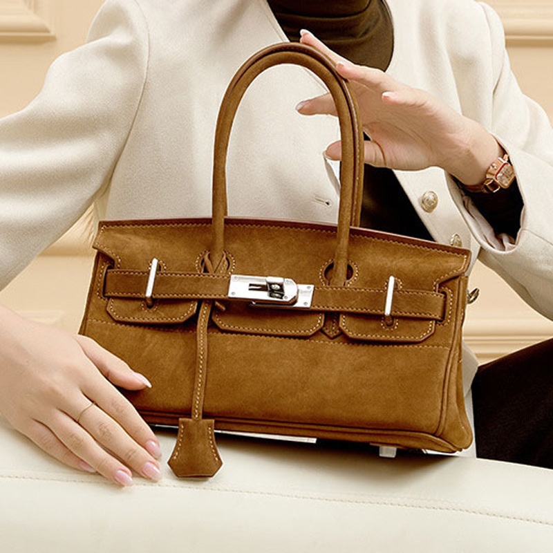 Women's Vintage Suede Full-Grain Leather Horizontal Top Handle Bag In Silver Hardware