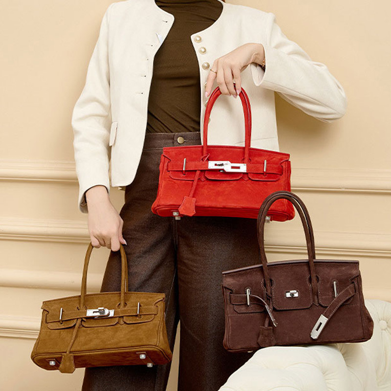 Women's Vintage Suede Full-Grain Leather Horizontal Top Handle Bag In Silver Hardware