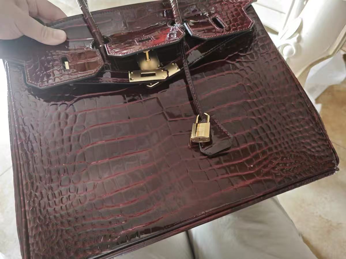 Women's Wine Red Crocodile Embossed Full-Grain Leather Top Handle Bag In Gold Hardware photo review