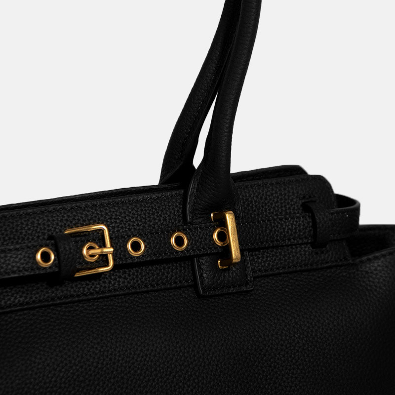Women's Black Minimalist Top-Grain Leather Buckle Crossbody Strap Handbag In Gold Hardware