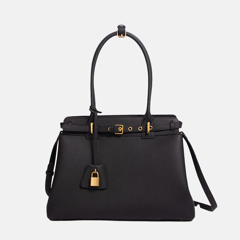 Sac à main Minimaliste en cuir de grain supérieur noir avec boucle et quincaillerie dorée