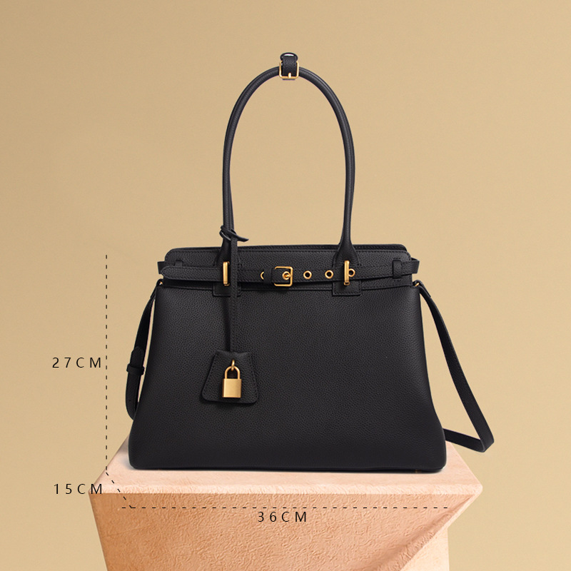 Women's Black Minimalist Top-Grain Leather Buckle Crossbody Strap Handbag In Gold Hardware