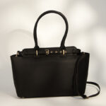Women's Black Minimalist Top-Grain Leather Buckle Crossbody Strap Handbag In Gold Hardware