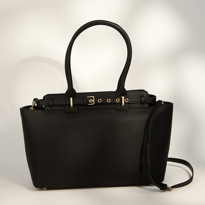 Women's Black Minimalist Top-Grain Leather Buckle Crossbody Strap Handbag In Gold Hardware