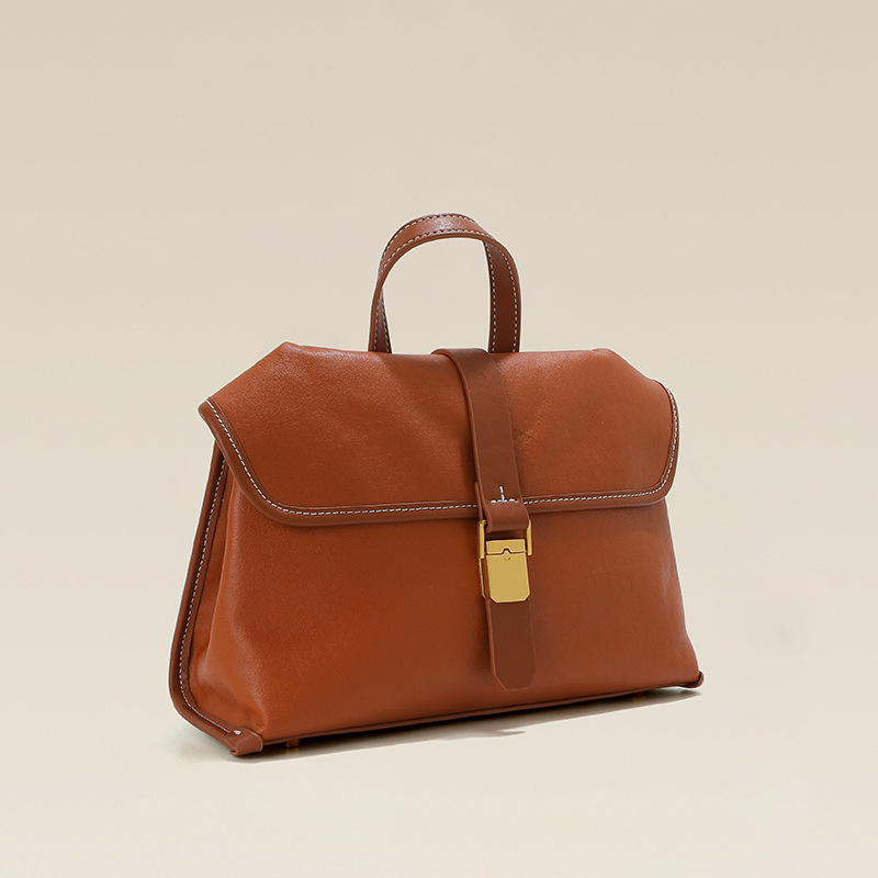 Sac à bandoulière en cuir pleine fleur pour femmes, avec fermeture en or