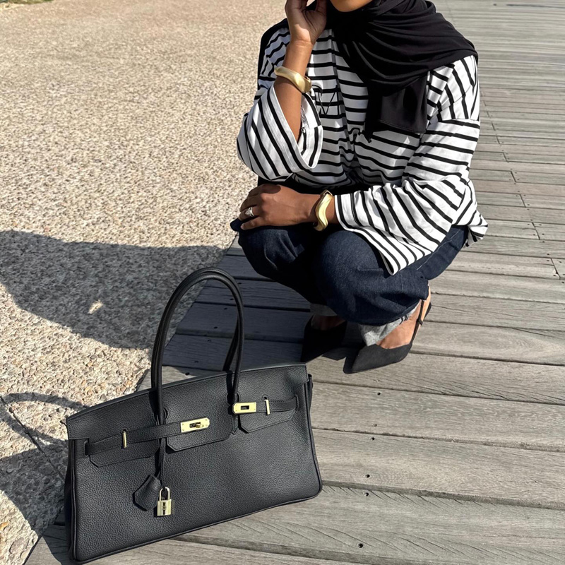 Women's Full-Grain Leather Top Handle Handbag In Gold Hardware 40CM