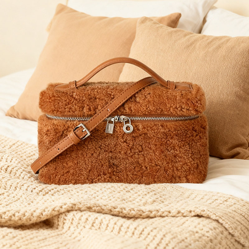 Minimalist Women's Brown Lambswool Plush Zipper Crossbody Shoulder Top Handle Bag