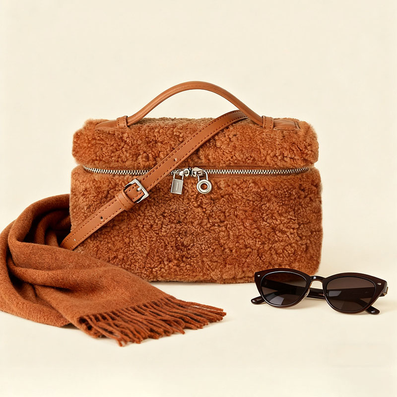 Minimalist Women's Brown Lambswool Plush Zipper Crossbody Shoulder Top Handle Bag