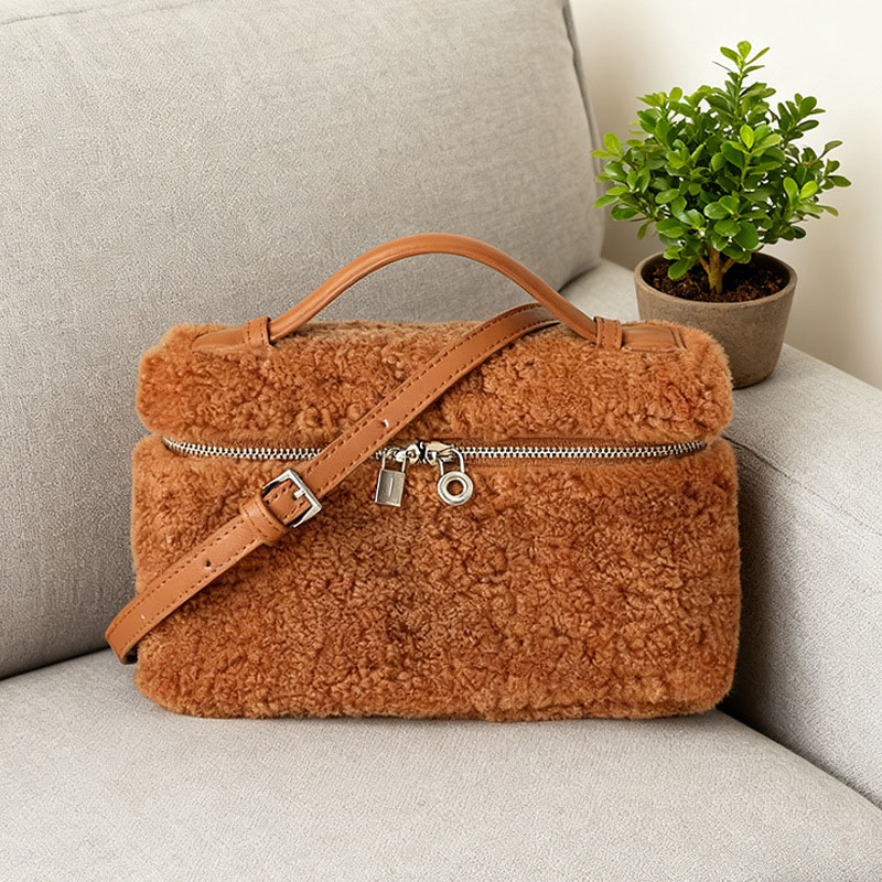 Minimalist Women's Brown Lambswool Plush Zipper Crossbody Shoulder Top Handle Bag