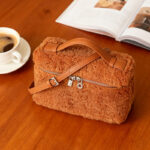 Minimalist Women's Brown Lambswool Plush Zipper Crossbody Shoulder Top Handle Bag