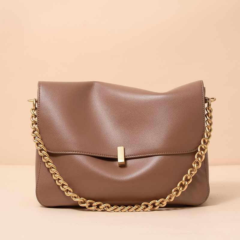 Women's Minimalist Cowhide Leather Chain Strap Shoulder Messenger Bag In Gold Hardware