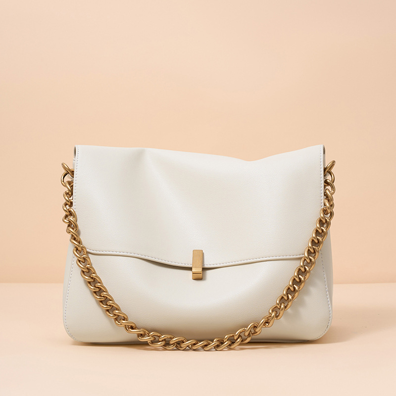 Women's Minimalist Cowhide Leather Chain Strap Shoulder Messenger Bag In Gold Hardware
