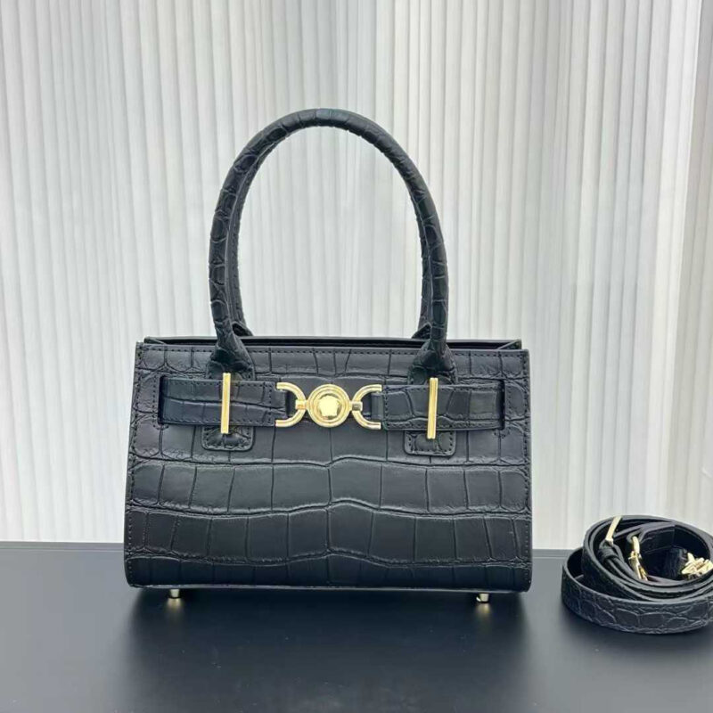 Sac fourre-tout minimaliste à bandoulière en cuir de grain supérieur gaufré au crocodile et ornements dorés pour femmes
