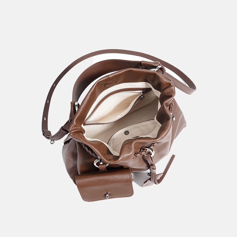 Sac hobo à bandoulière en cuir pleine fleur avec cordon de serrage en métal argenté pour femmes