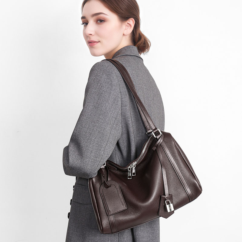 Women's Minimalist Full-Grain Leather Pillow Lock Shoulder Bag In Coffee
