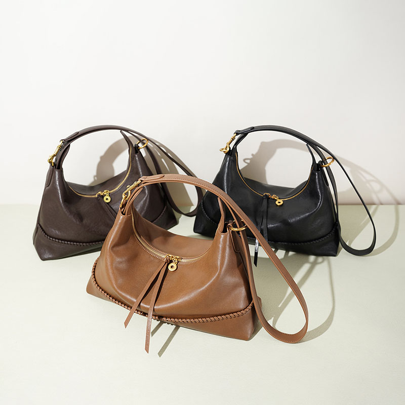 Women's Minimalist Full-Grain Leather Ziptop Crossbody Shoulder Hobo Bag