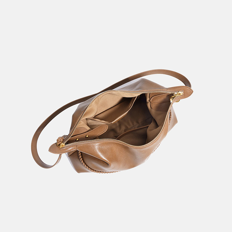 Women's Minimalist Full-Grain Leather Ziptop Crossbody Shoulder Hobo Bag