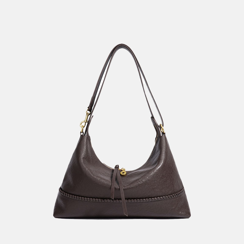 Women's Minimalist Full-Grain Leather Ziptop Crossbody Shoulder Hobo Bag