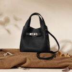 Women's Minimalist Lychee-Textured Full-Grain Leather Buckle Crossbody Shoulder Bucket Handbags In Silver Hardware