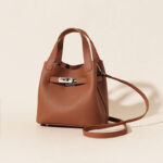 Women's Minimalist Lychee-Textured Full-Grain Leather Buckle Crossbody Shoulder Bucket Handbags In Silver Hardware