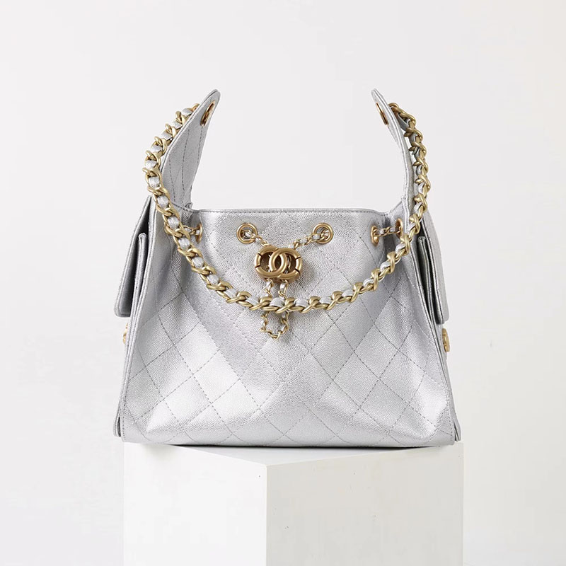 Sac à bandoulière en cuir véritable matelassé avec cordon de serrage en métal doré