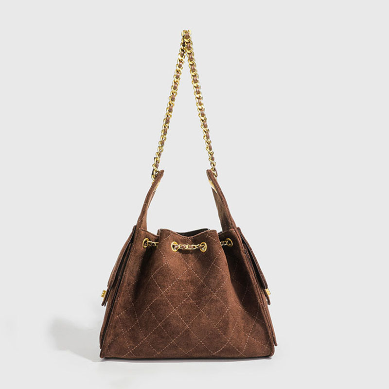 Women's Quilted Suede Chain Shoulder Hobo Bag In Gold Hardware